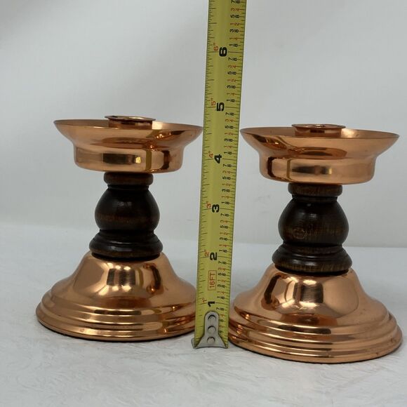 2 CopperCraft Guild Copper & Wood Taper Candle Holders Made in USA Vintage MCM - Picture 2 of 11